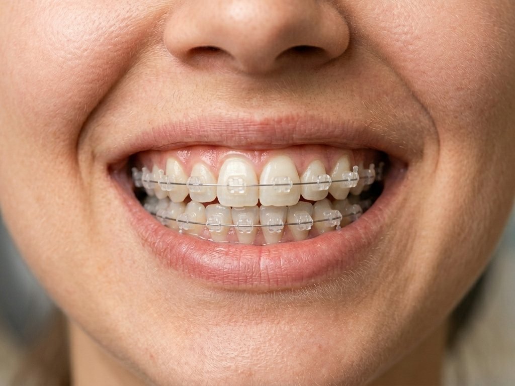 Mujer profesional sonriendo con brackets de zafiro en Elche.